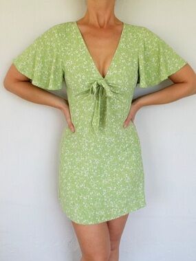 ZARA green white floral tie front v-neck short sleeve mini dress size XS